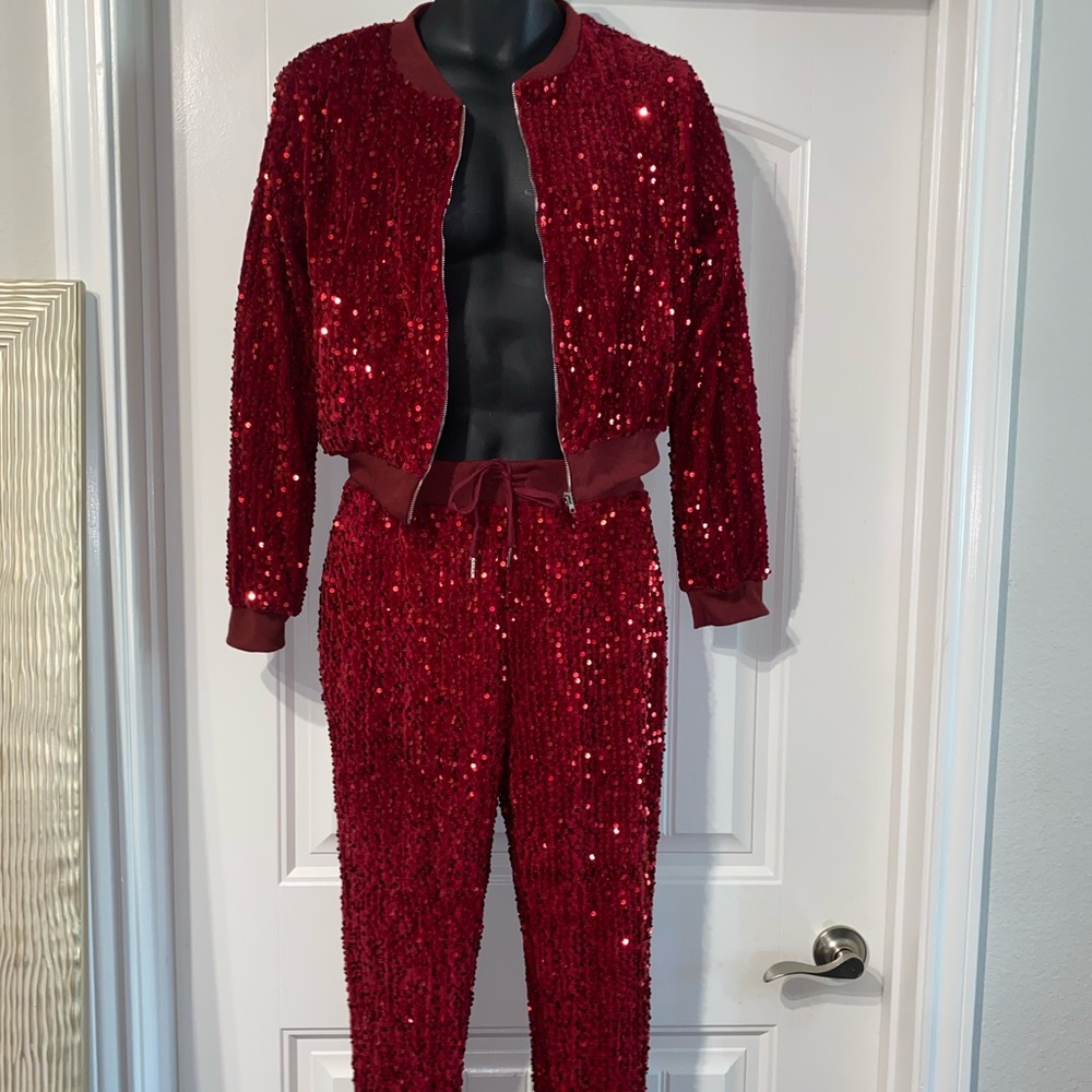Red 2 piece sparkly jacket and jogger set